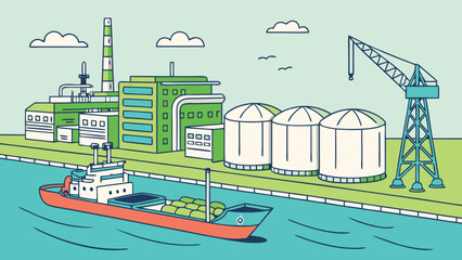 Illustration of a cargo ship on the water near a factory and storage tanks with a crane nearby