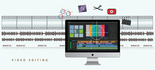Digital video editing interface with timeline , audio track, clapper board and film. vector illustration isolated on white background