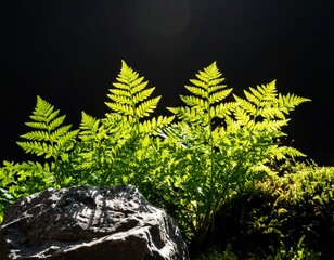 Lush fern foliage backlit by bright light, next to a dark stone