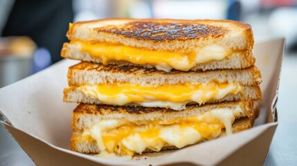 Stacked grilled cheese sandwiches, cheese layers, crispy buttery texture, slightly charred edges, paper tray serving, bustling street food market, gourmet comfort food, melty cheese pull, cheddar.