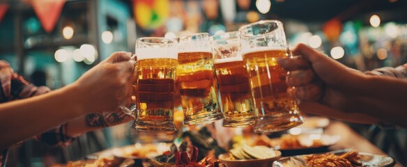 The joyous moment of friends clinking beer mugs at a lively celebration.