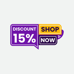 Purple and yellow sale tag with fifteen percent discount and shop now text isolated on white background