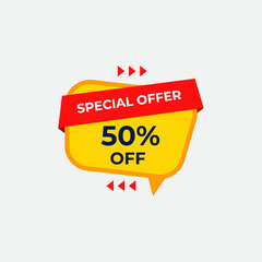 Bright yellow special offer banner with fifty percent discount and red ribbon isolated on white background