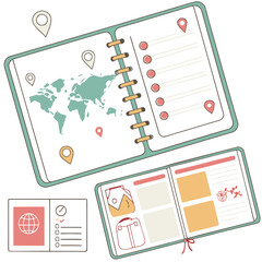 A travel planner notebook with a world map location pins passport and travel journal pages representing adventure and exploration