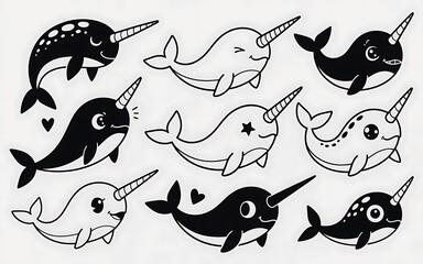 Playful Narwhal Cartoon Collection in Black and White featuring Adorable Unicorn Whale Characters with Unique Designs and Heart Accents © Razzaque