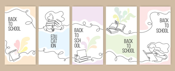 Set of vertical banner templates with fashion education concept, with collage, line drawing for kids and school supplies