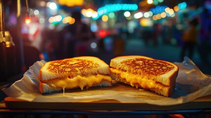 Stacked grilled cheese sandwiches, cheese layers, crispy buttery texture, slightly charred edges, paper tray serving, bustling street food market, gourmet comfort food, melty cheese pull, cheddar.