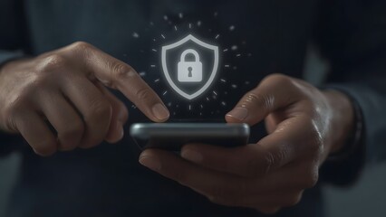 User activating mobile security settings or ensuring data privacy on a smartphone, touching the screen near a glowing shield and padlock security icon.