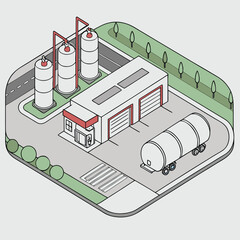 Isometric view of a fuel depot with storage tanks, building, and a tanker truck creating a clean design