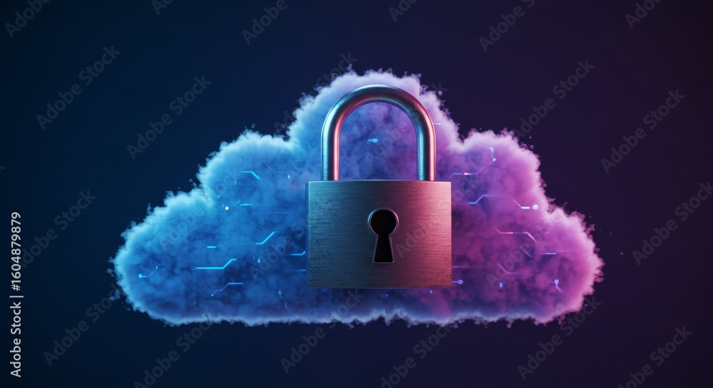 Poster cloud security and data protection - padlock secures a stylized cloud, symbolizing secure cloud stor