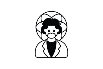 Stylized Black and White Illustration of a Person Wearing a Jacket with an Ornate Halo Behind Them silhouette simple