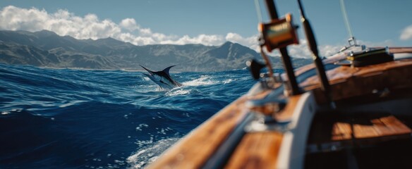 The majestic marlin leaps from the ocean near a wooden fishing boat.