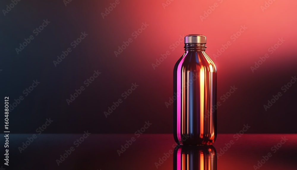 Poster gleaming metallic bottle with silver cap against a gradient red background