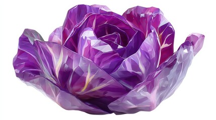 Geometric Crystal Shape of Red Cabbage with Intricate Purple Hues on White Background