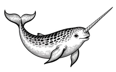 Detailed Black and White Narwhal Illustration A Striking Depiction of the Arctic Whale with Prominent Tusk and Distinctive Markings © Razzaque