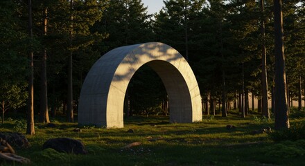 Obraz premium Concrete Archway in Forest - A minimalist concrete arch stands tall in a sun-dappled forest, creating a serene and intriguing scene