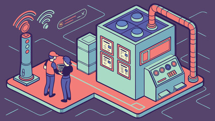 Isometric view of factory automation with workers, machine, and wireless communication tower shown