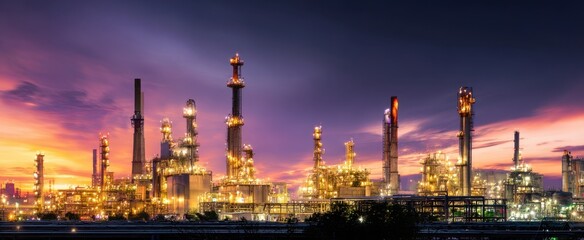 The vibrant industrial skyline at sunset showcasing a sprawling oil refinery.