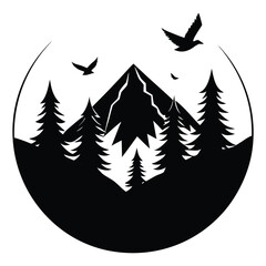 Vector art of a mountain landscape silhouette with trees and birds in flight, isolated on white background
