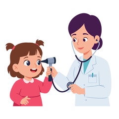 Fototapeta premium A female doctor examines a young girl's ear with an otoscope, smiling and wearing a white coat with a stethoscope.