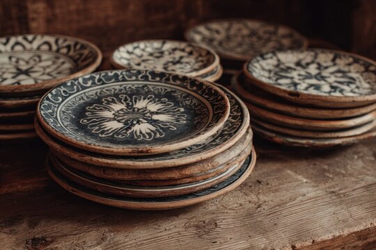 Stacks of patterned plates on rustic wood