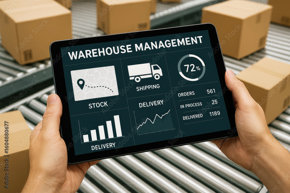 Poster tablet displaying warehouse management data with shipping and delivery metrics image