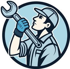 Mechanic holding wrench retro style vector illustration, Industrial worker illustration for automotive and repair services, Mechanic mascot logo