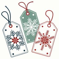 Three festive gift tags adorned with intricate snowflakes in red blue and green perfect for holiday embellishments and seasonal decorations