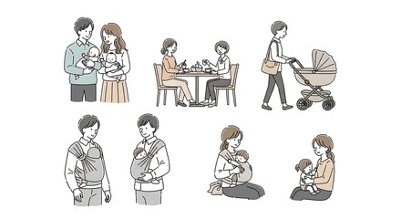 Fototapeta premium Diverse families and childcare activities illustrated with a warm and inviting aesthetic for various lifestyle and parenting themes