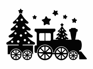 Festive Christmas Train with Trees and Stars Silhouette Design for Holiday Decorations and Winter Celebrations Creative Vector Graphic