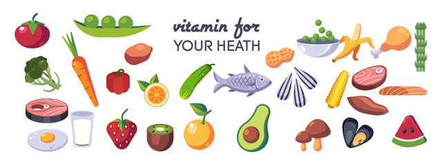 Food vector icon set. Vitamins food sources. Natural vitamin, vegetarian food sources.