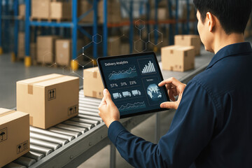 Warehouse worker analyzing delivery data on tablet logistics analytics