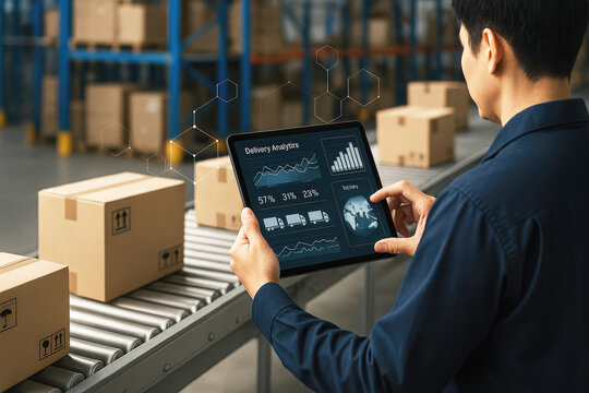 Warehouse worker analyzing delivery data on tablet logistics analytics