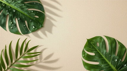 Green tropical leaves with dew drops arranged aesthetically on a light beige surface. Clean and fresh natural background.