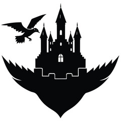 Vector art of a silhouette of a bird flying near a castle creates a heraldic fantasy emblem