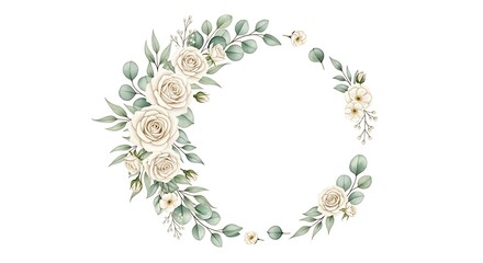 Elegant floral frame with watercolor white roses and eucalyptus leaves decoration for wedding invitation and greetings design