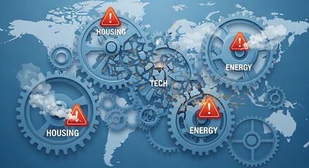 Illustration of systemic global risk with broken tech gears causing a chain reaction in the housing and energy sectors.