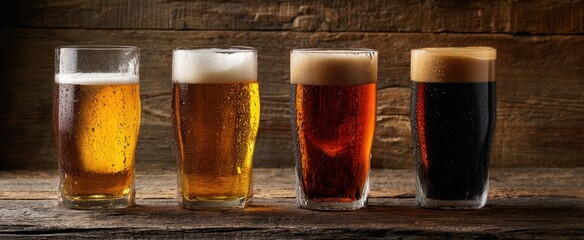 The assortment of craft beers in various glasses on a rustic wooden background.
