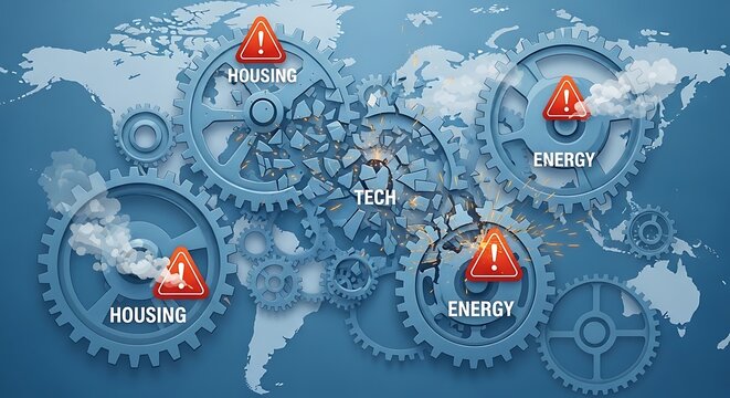 Illustration of systemic global risk with broken tech gears causing a chain reaction in the housing and energy sectors.