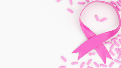 Breast Cancer Awareness Pink Ribbon and Medication Concept with Copy Space