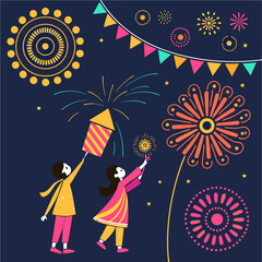 Joyful children celebrate a festive occasion with colorful fireworks and decorative bunting against a dark night sky