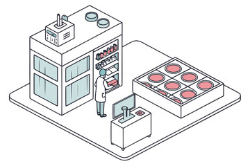 Isometric view of a researcher in lab coat working in a laboratory with cell culture and equipment