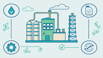 Illustration of a factory with environmental icons and greenery around it showing sustainability