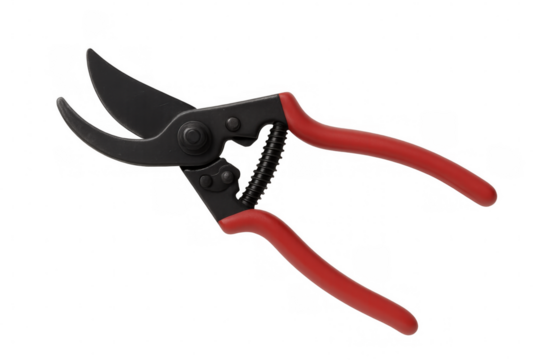 Sharp gardening secateurs with red handles isolated on transparent background, ready for pruning and trimming tasks