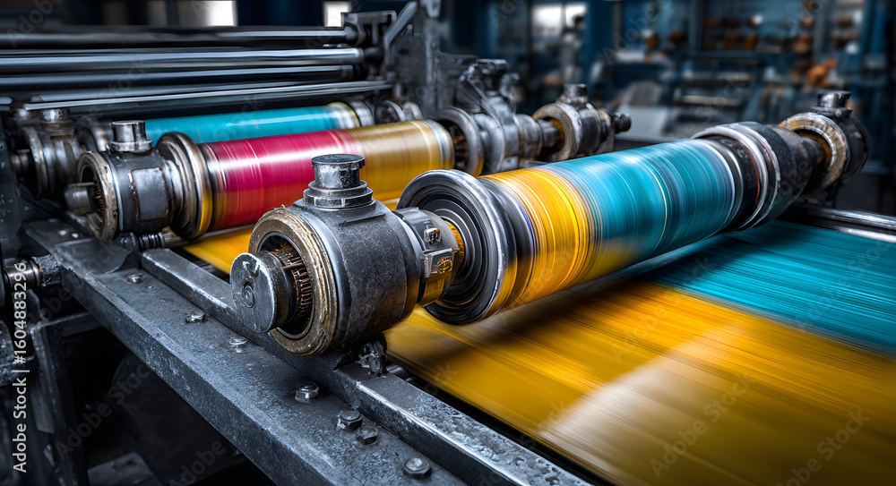 Poster industrial offset printing press with colorful rollers actively printing in a factory