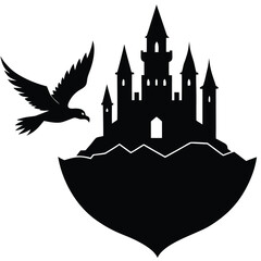 Vector art of a silhouette of a castle on a mountain with an eagle flying by isolated on white background