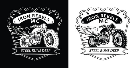 Obraz premium Iron rebels mc emblem featuring a winged motorcycle and the motto steel runs deep symbolizing a strong biker community and identity