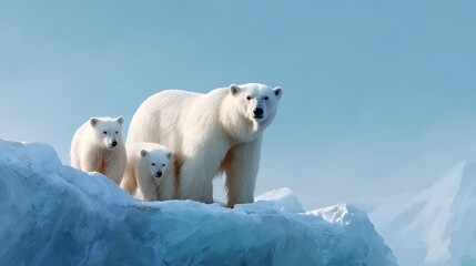 Family of Polar Bears on Iceberg in Arctic Landscape during Clear Blue Day with Soft Light