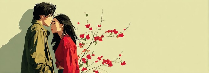 Couple romantique s'embrassant avec branche fleurie rouge