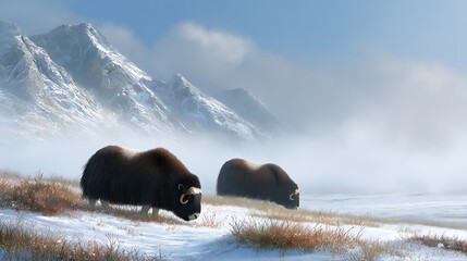 Majestic Musk Oxen Grazing in Snowy Landscape with Mountains and Misty Background